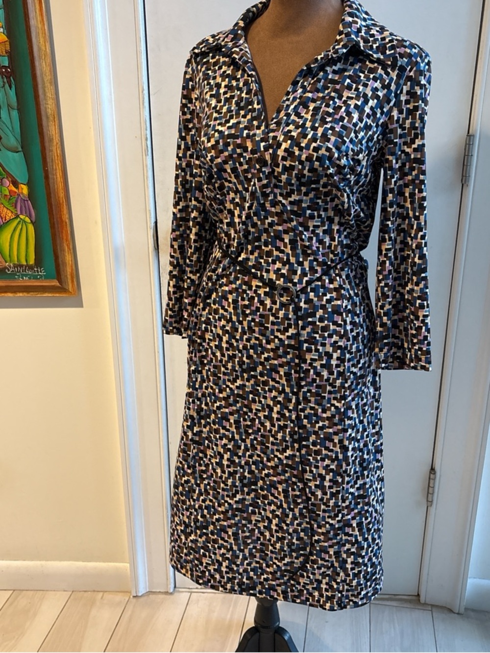 BCBG Geometric Midi Shirt Dress in Black, Blue and Cream